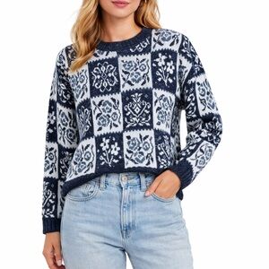 Vintage Sassoon Blue & White Scallop Nordic Windowpane Knit Sweater Medium